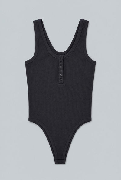 Ribbed Henley Tank Bodysuit - Black