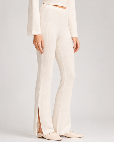 Ribbed Textured Flare Pants With Slits - Ivory