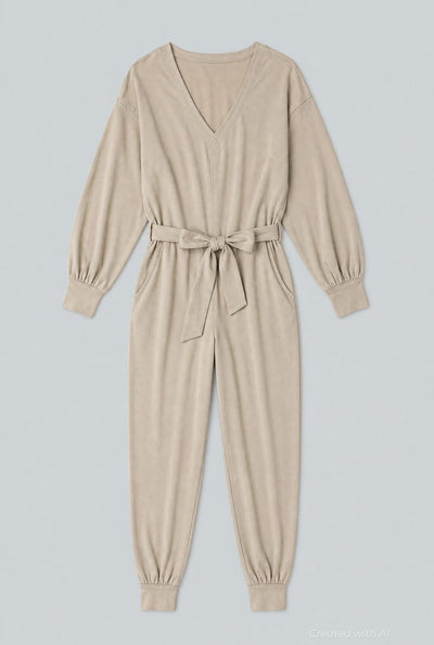 V- Neck Long Sleeve Jumpsuit - Ivory - Jumpsuit