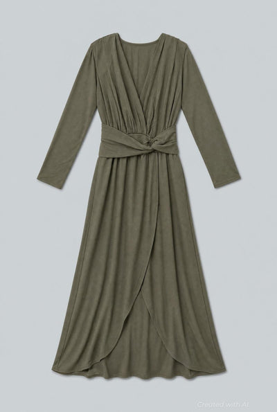 V-Neck Wrap Gown - Olive - Dresses