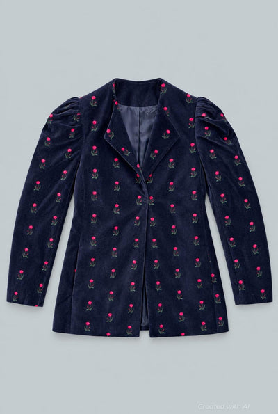 Velvet Puff Shoulder Blazer - Navy - Blazer