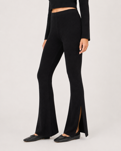 Ribbed Textured Flare Pants With Slits - Black
