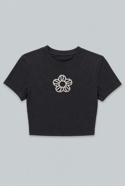 Crystal Flower Cropped T-Shirt - Black