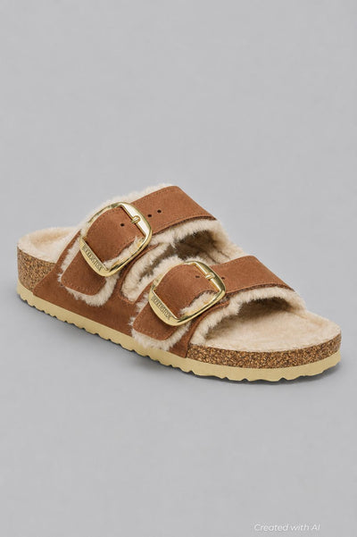 Women’s Big Buckle Arizona Shearling Slide Sandals - Cognac - 7 7.5 US / 38 EU - Sandal