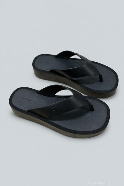 Women’s Leather Platform Flip Flops - Black - 8 - Flip Flop
