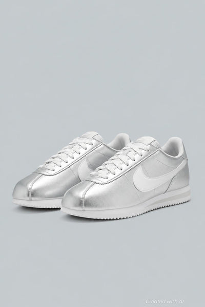 Women’s Nike Cortez Running Sneakers - Metallic Silver/White Grey Fog - 9 - Sneaker