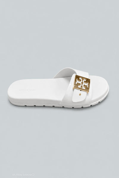Women’s Slip On Buckled Slide Sandals - White - 7 - Sandal
