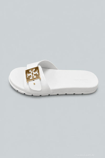 Women’s Slip On Buckled Slide Sandals - White - 7 - Sandal