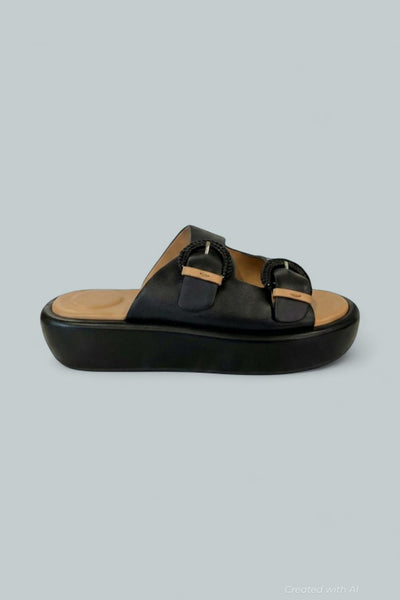 Women’s Theresa Double Buckle Platform Sandals - Black Leather - 8.5 - Sandal