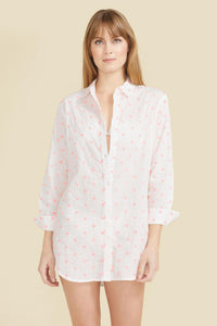 Primavera Shirt Dress - White with Pink Flowers