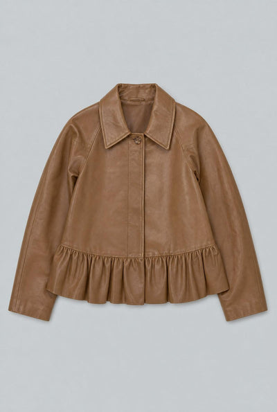 City Ruffled Leather Jacket - Brown