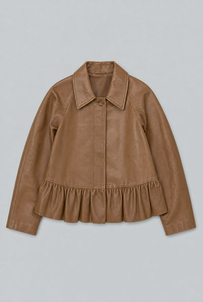 City Ruffled Leather Jacket - Brown