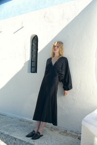 Mila V Neck Satin Dress - Black