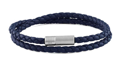 Double Wrap Pop Rigato Bracelet In Navy Leather And Silver Clasp - Navy