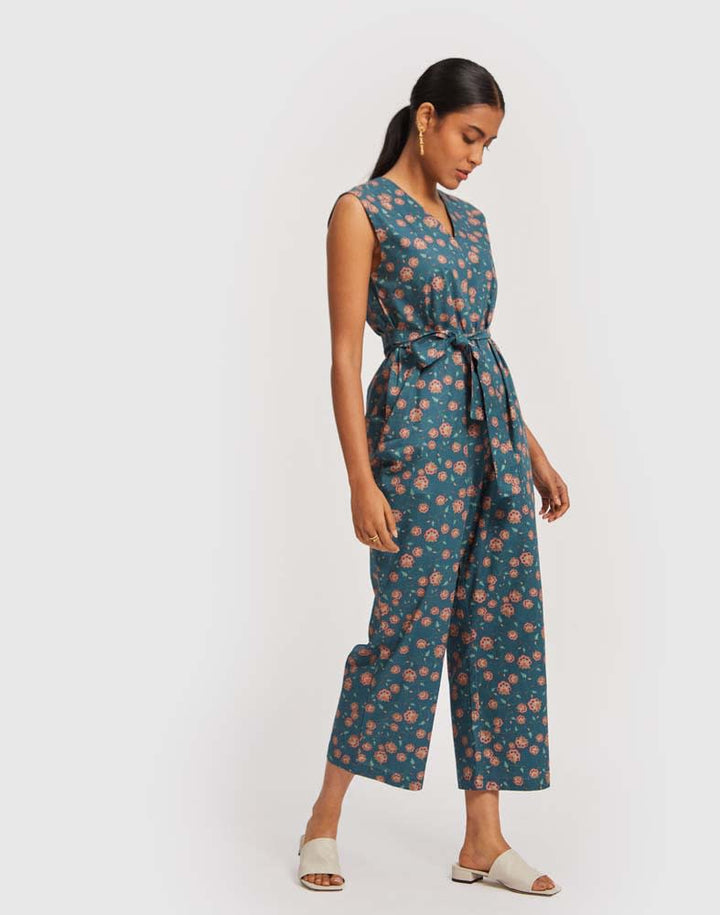 Sleeveless Belted Jumpsuit - Dark Green