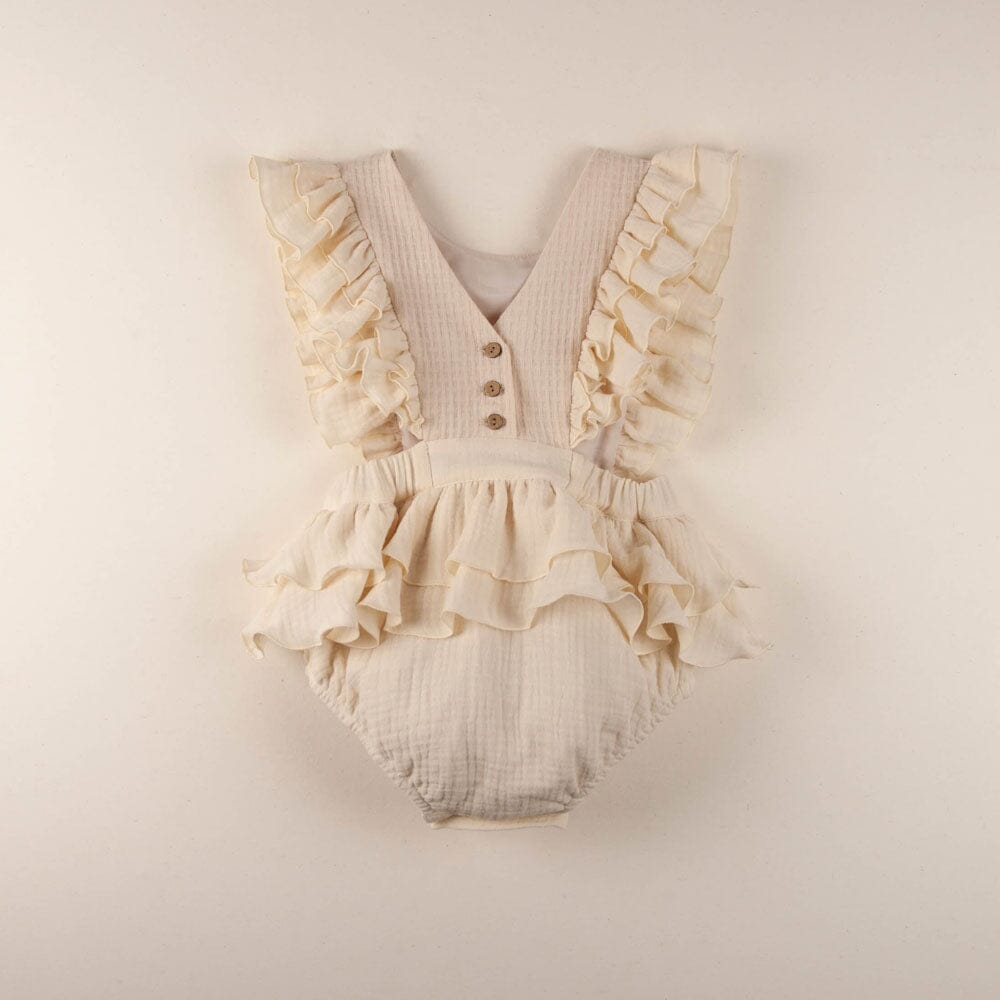 Off White Romper Suit with Embroidered Bib One Pieces Popelin 