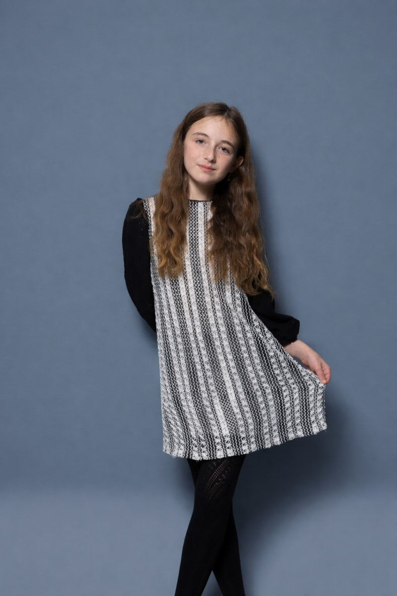 Lace Puff Sleeve Dress - Black and White