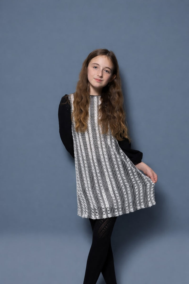 Lace Puff Sleeve Dress - Black and White