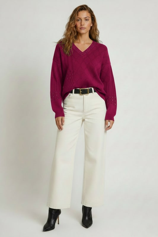 Cable Patchwork V Neck - Magenta
