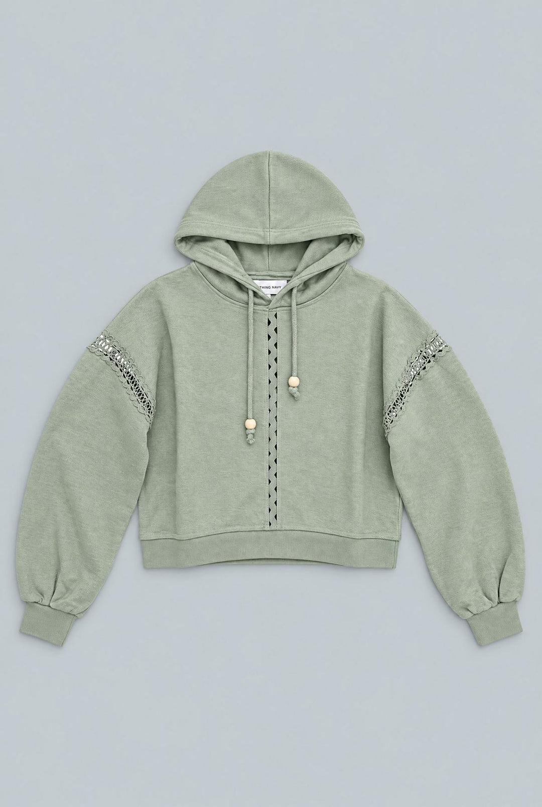 Hoodie With Lace Details And Beads - Sage
