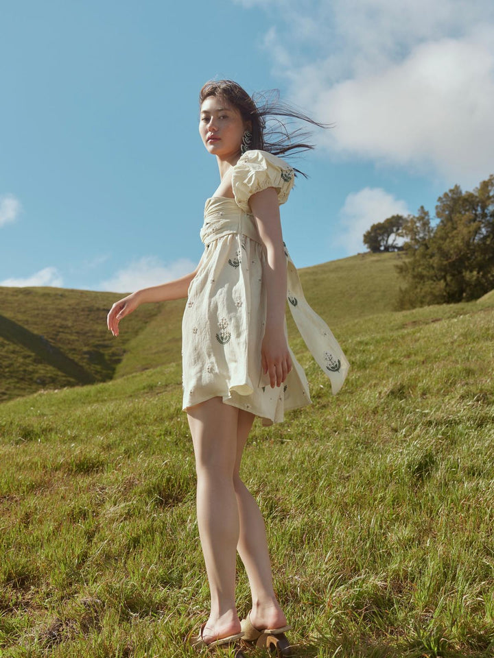 Meadow Beaded Puff Sleeve Mini Dress - Cream & Ivory Floral Beading