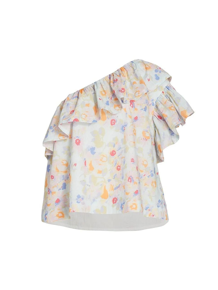 One Shoulder Ruffle Top - Blue Combo