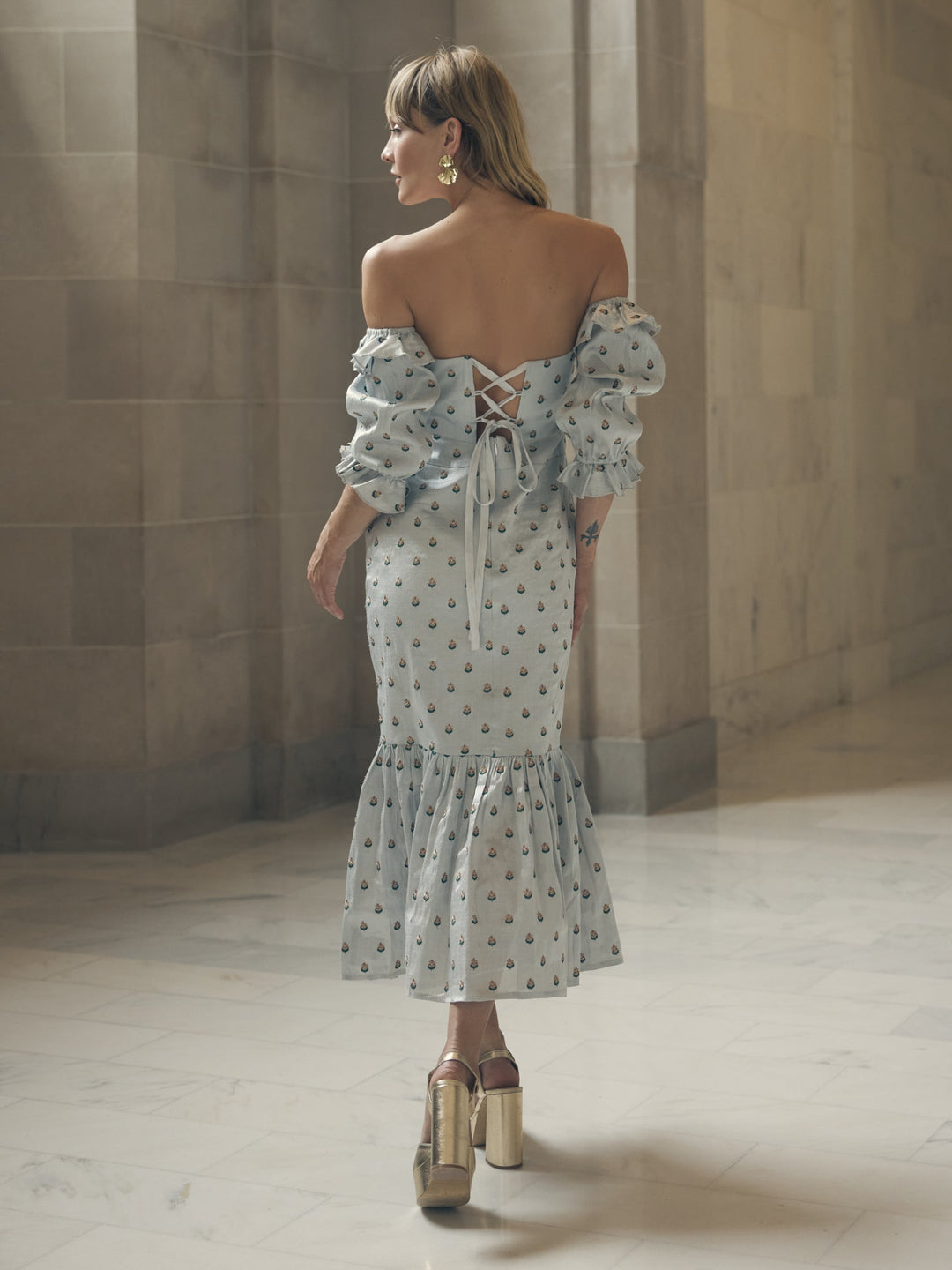 Desirae Embroidered Midi Dress - Light Silver/Micro Floral Embroidery