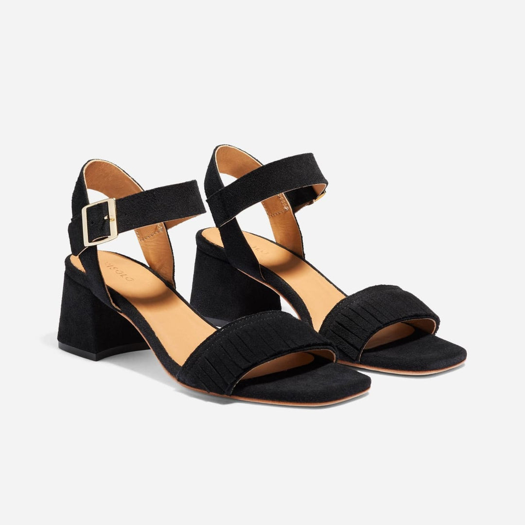 Stella Fringe Heel Sandal - Black Suede