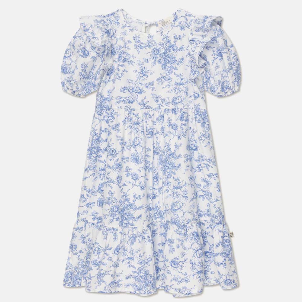 Cotton Floral Ruffle Dress - Ivory Blue