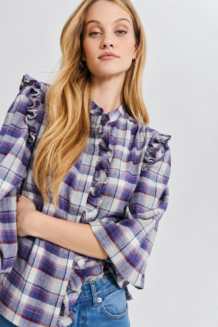 Flannel Plaid Ruffle Shirt - Purple Combo