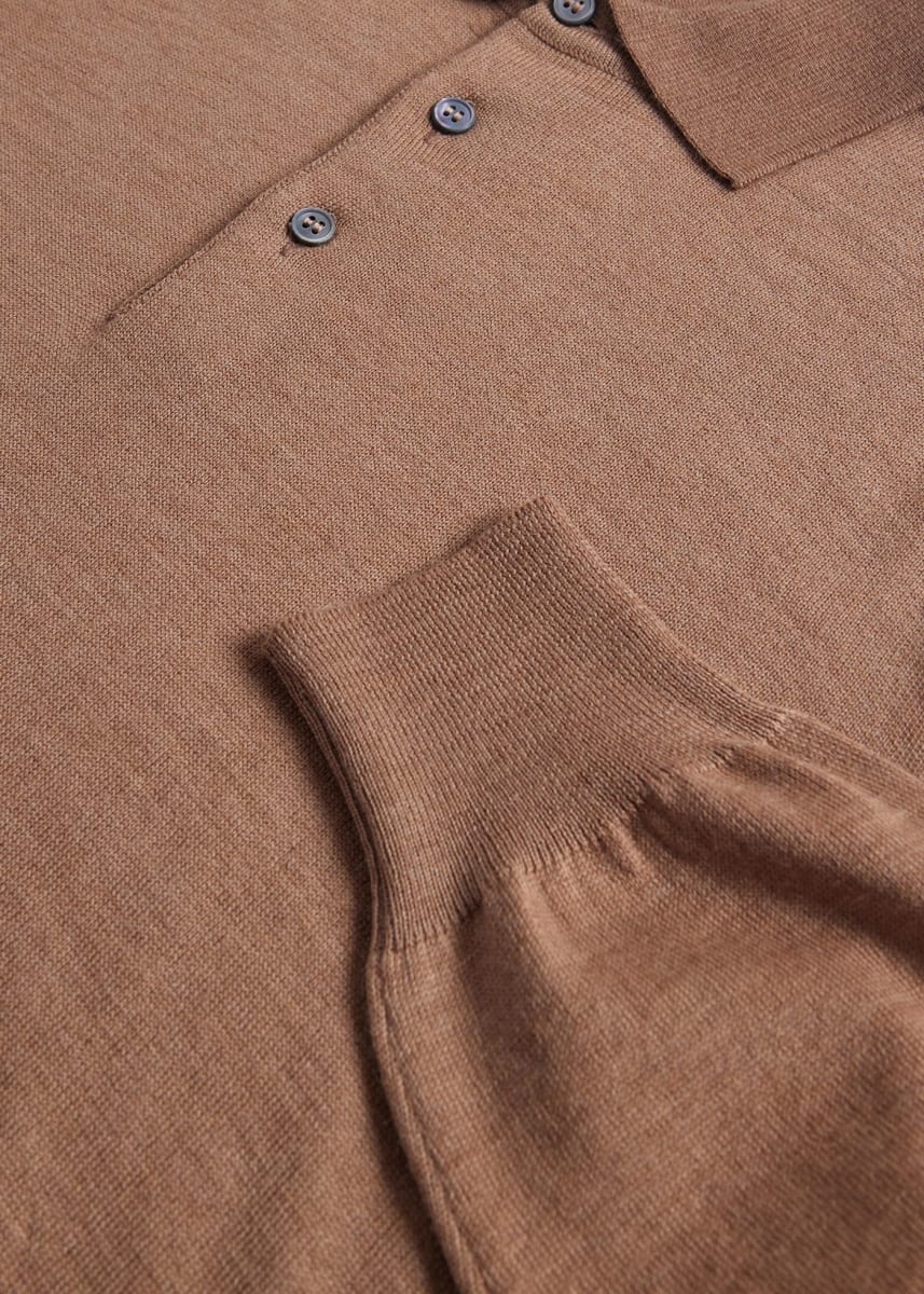 Long Sleeve Merino Wool Polo Shirt - Camel