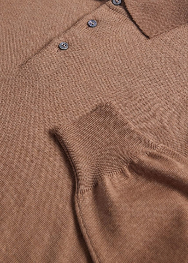 Long Sleeve Merino Wool Polo Shirt - Camel