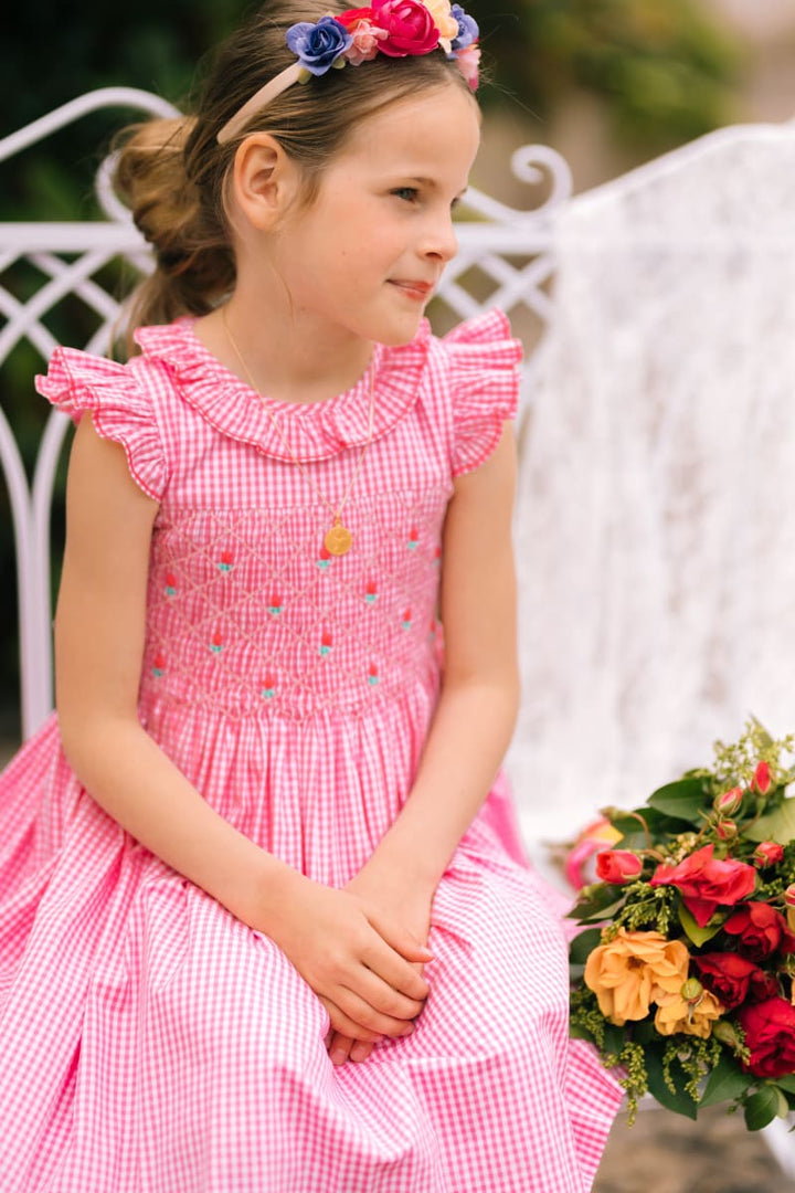 Tulip Pink Gingham Frilled Cap Sleeve Smocked Dress - Floral/Checkered