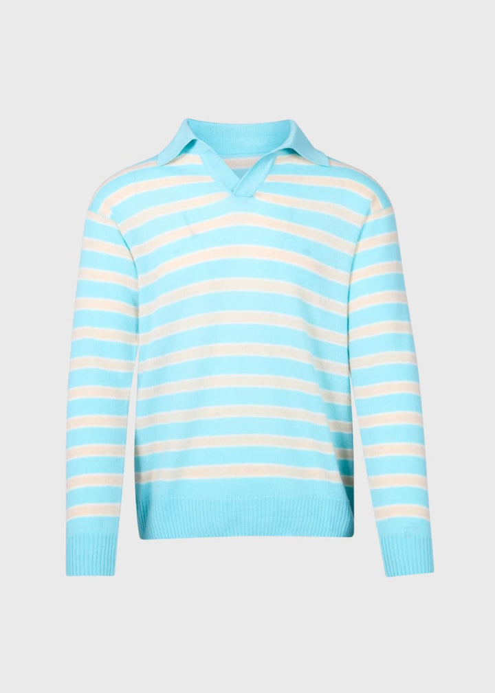 100% Cash Stripe Johnny Collar Pullover - Blue - M (40) - Sweater