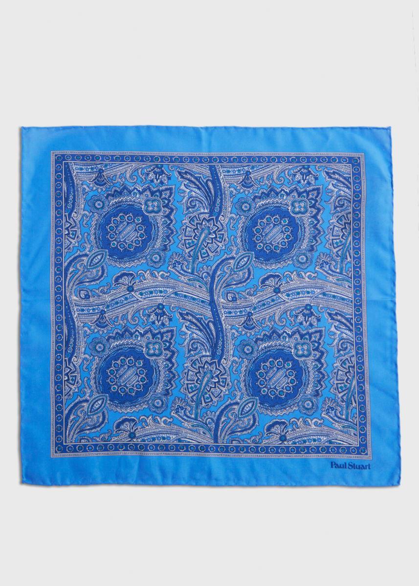 Printed Habotai Silk Paisley Pocket Square - Light Blue