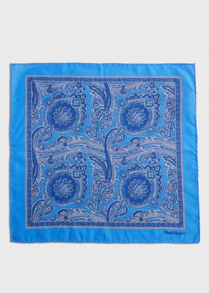 Printed Habotai Silk Paisley Pocket Square - Light Blue