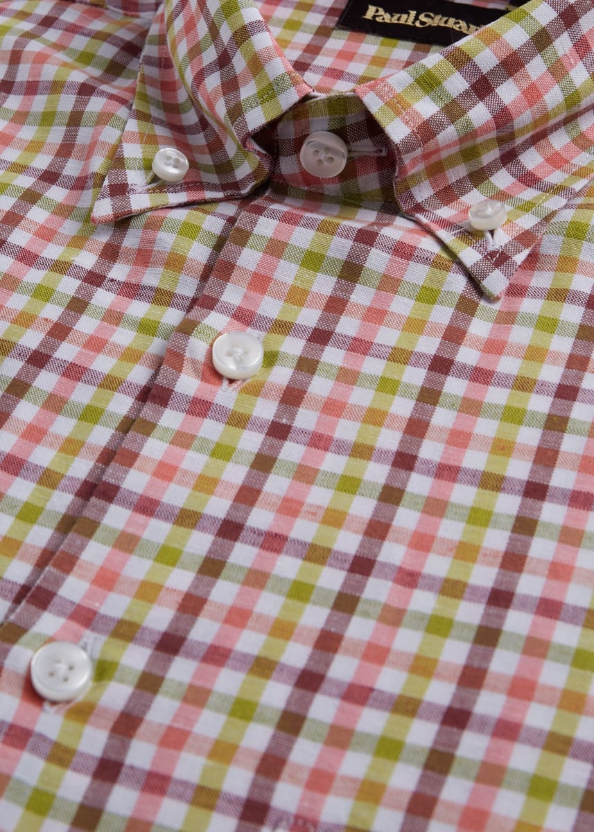 Linen Small Check Sport Shirt - Burgundy/Lime