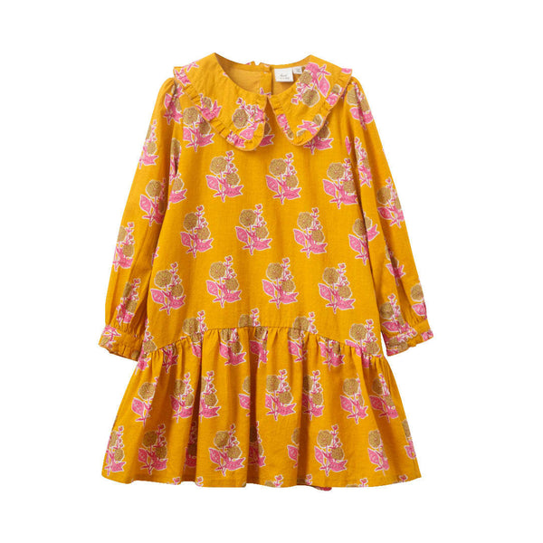Girls' Wide Collar Long Sleeve Dress With Low Waist - Mustard And Pink