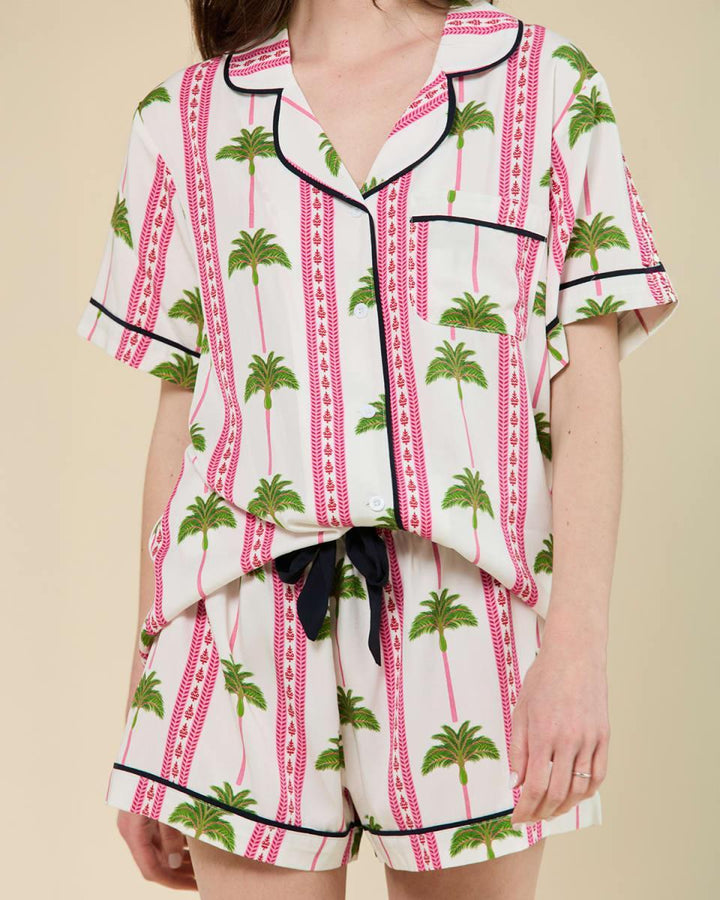 Tropical Palm Pajama Shorts Set - Pink Green