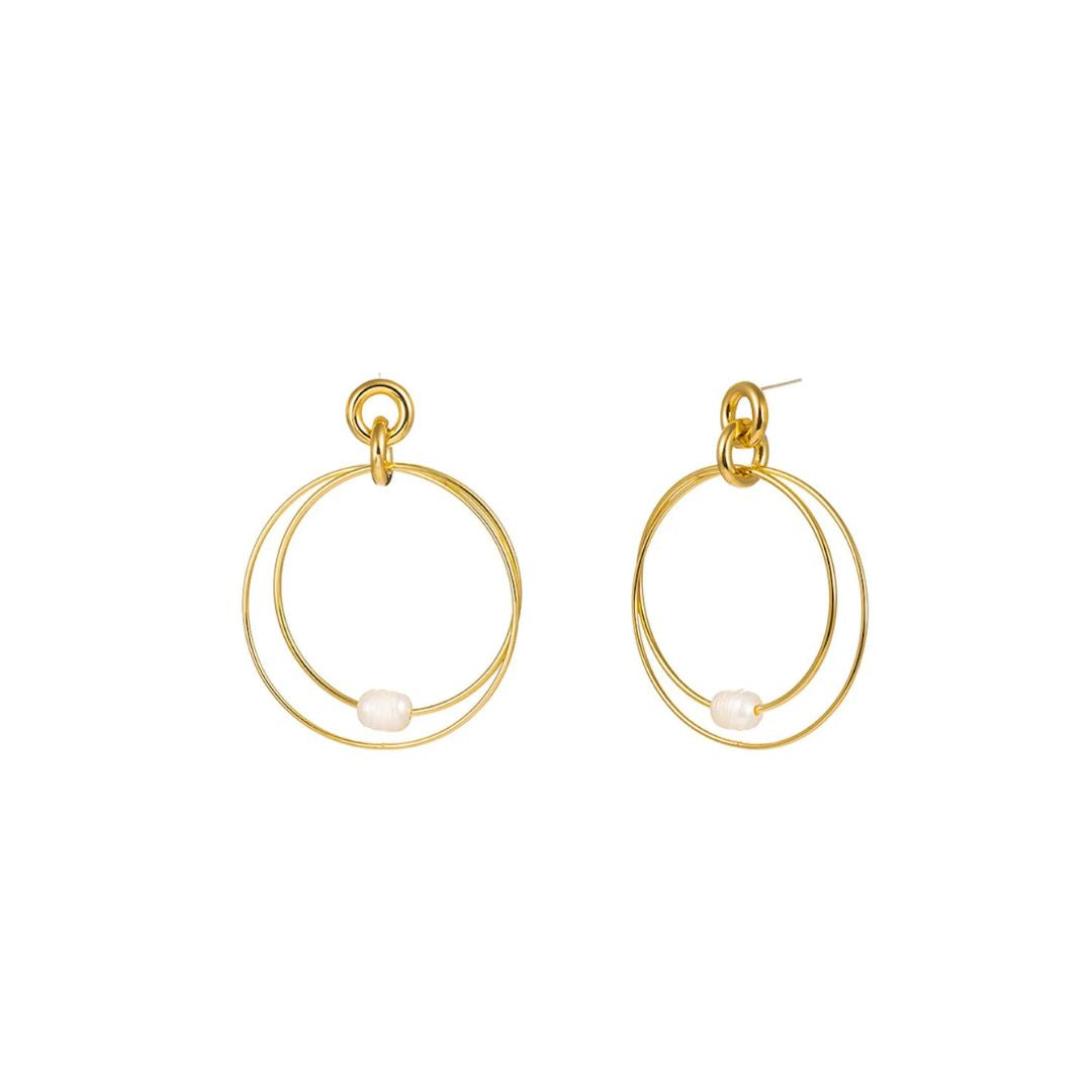 18k Gold Double Ring Pearl Earrings -  - FINAL SALE
