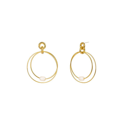 18k Gold Double Ring Pearl Earrings -  - FINAL SALE