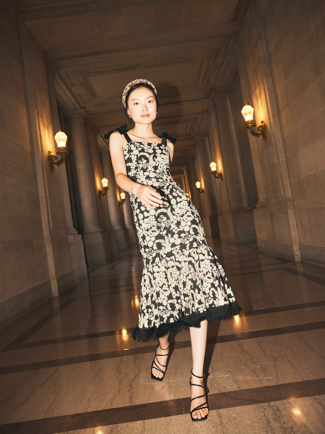 Doris Embroidered Fringe Midi Dress - Midnight/Cream Floral embroidery