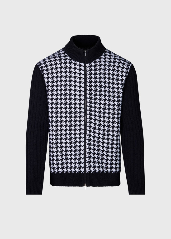 Cashmere Houndstooth Full Zip Sweater - Black/White
