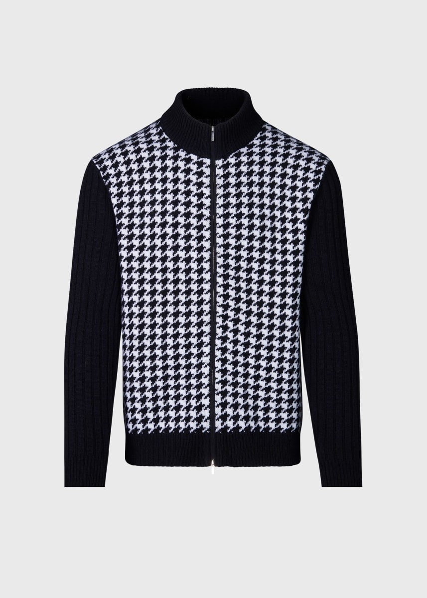 Cashmere Houndstooth Full Zip Sweater - Black/White - Sweater