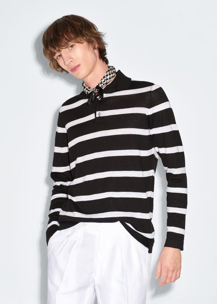 Stripe Linen & Cotton Long Sleeve Polo - Black/White