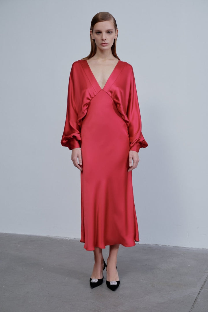Mila V Neck Satin Dress - Red