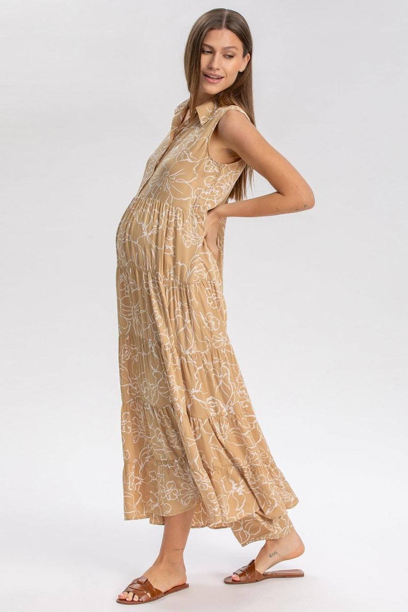 CLARA QD51 Sleeveless Printed Maxi Maternity Dress - Sand Fine Lines