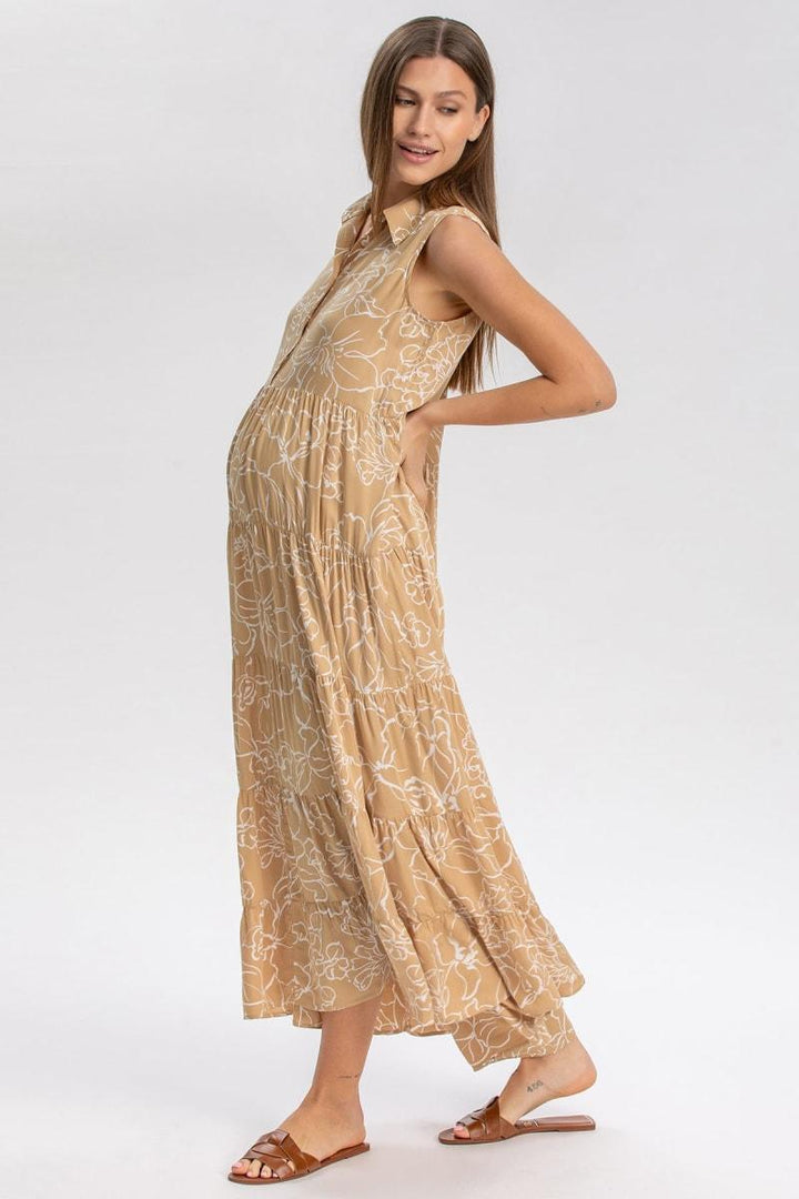 CLARA QD51 Sleeveless Printed Maxi Maternity Dress - Sand Fine Lines