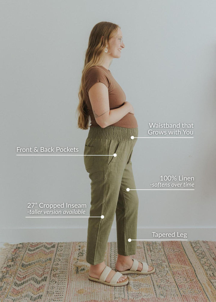 Adult Plus Size Transitional Maternity Smocked Linen Pant - Olive