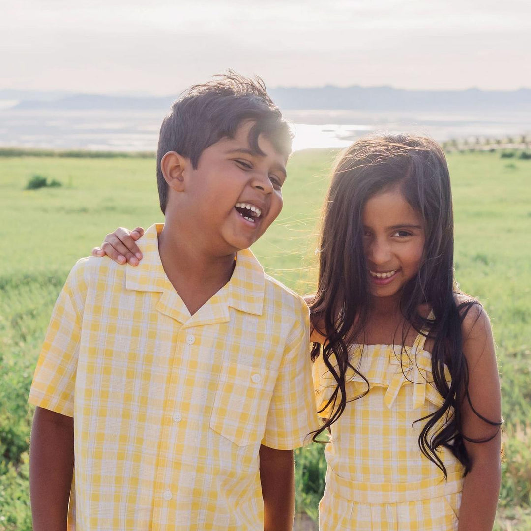 Baby Linen Short Sleeve Camp Shirt - Yellow Plaid Linen